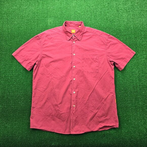 Hugo Boss Shirt Mens Large‎ Red Button Up Short Sleeve Preppy Casual - Picture 1 of 8